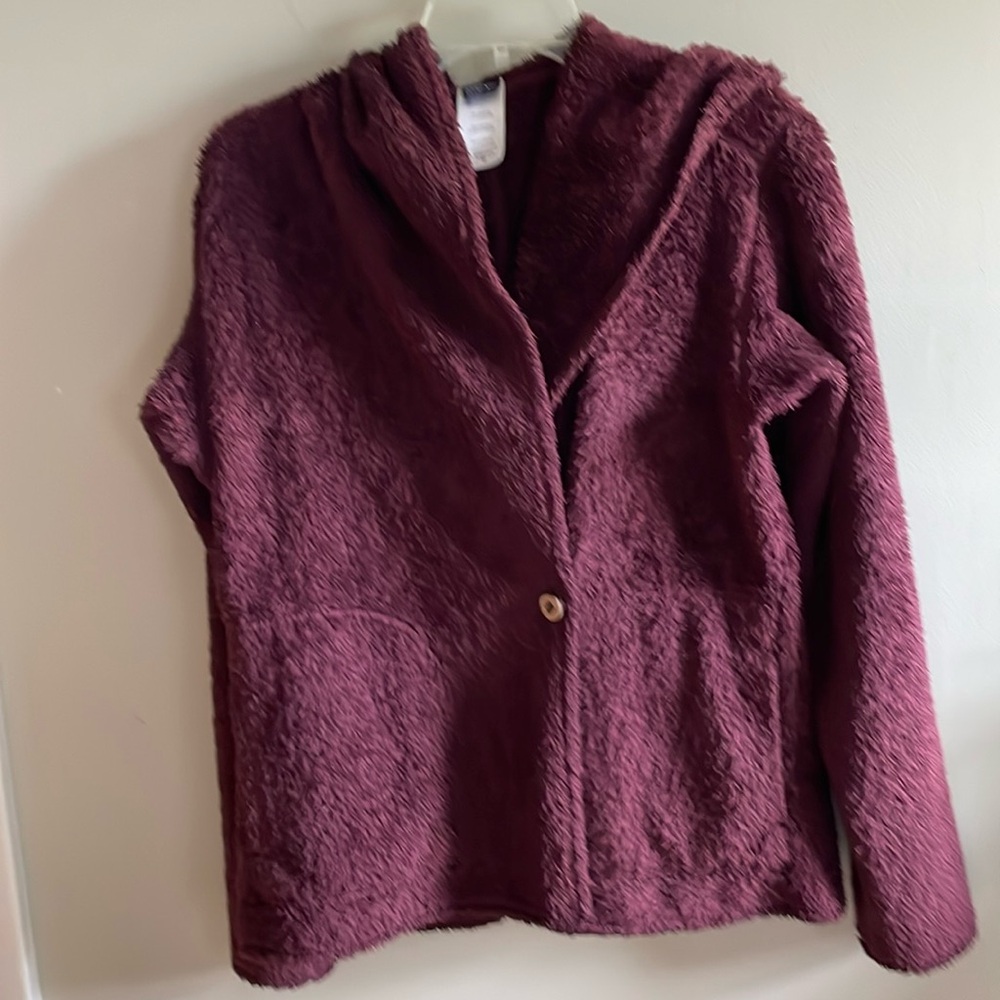 Patagonia purple fuzzy hooded sweater wrap cardigan size small